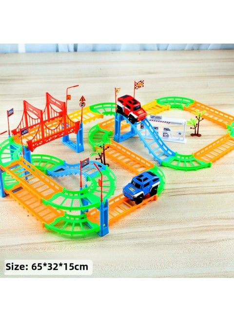 Assembled Varied Multi-Layer Three-Dimensional Track Train Toy Electric Track Racing Car Gliding Track Car Child Boy-Color:Double-layer Track + 4 Cars - With Charger + 4 Rechargeable Batteries