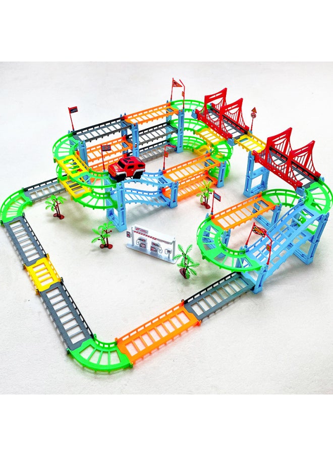 Assembled Varied Multi-Layer Three-Dimensional Track Train Toy Electric Track Racing Car Gliding Track Car Child Boy-Color:Double-layer Track + 4 Cars - With Charger + 4 Rechargeable Batteries