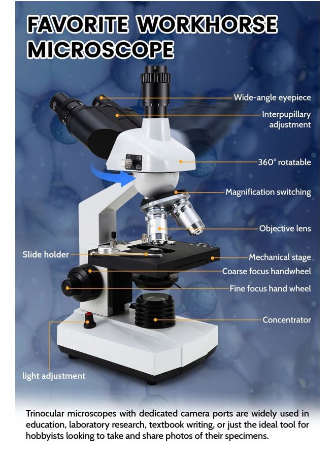 40X-5000X Compound trinocular Microscopes trinocular fo Adults, with 5.0 mp Camera with Microscope Slides 30p, Microscope Accessories, Microscopes Abbe Condenser