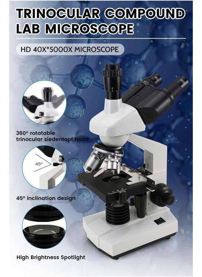 40X-5000X Compound trinocular Microscopes trinocular fo Adults, with 5.0 mp Camera with Microscope Slides 30p, Microscope Accessories, Microscopes Abbe Condenser