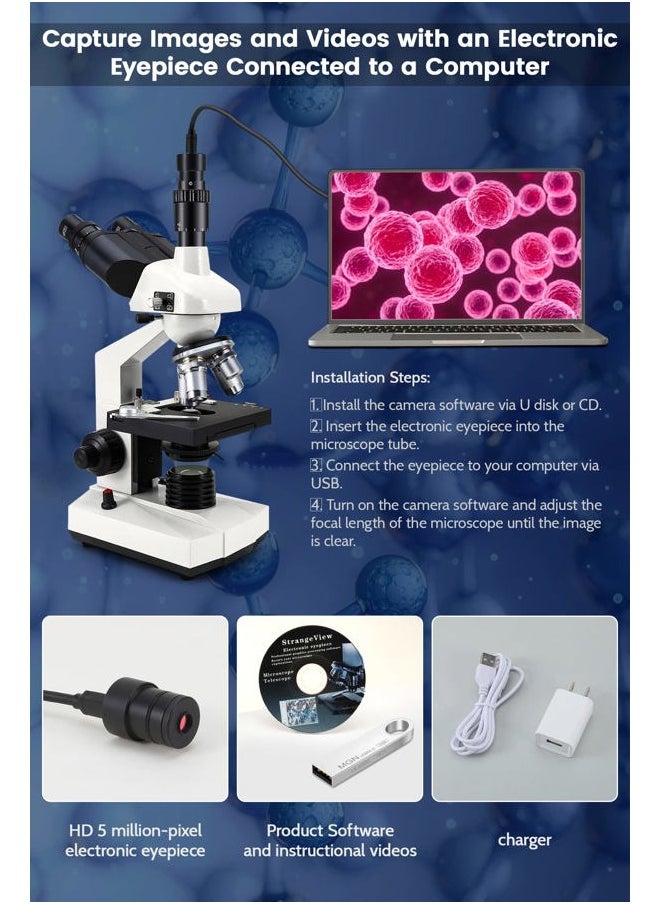 40X-5000X Compound trinocular Microscopes trinocular fo Adults, with 5.0 mp Camera with Microscope Slides 30p, Microscope Accessories, Microscopes Abbe Condenser