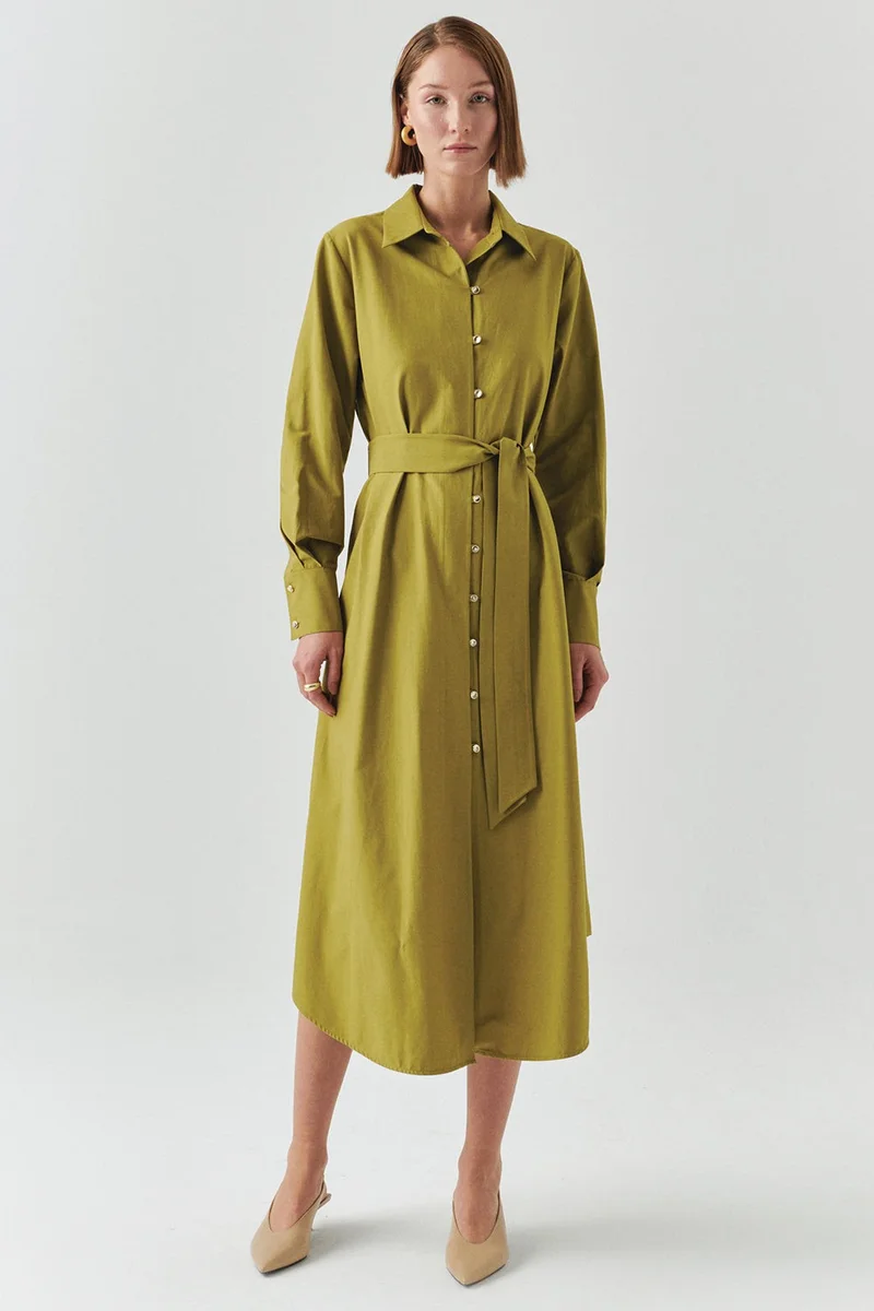 EXQUISE Belted Shirt Collar Long Sleeve Midi Regular Green Dress