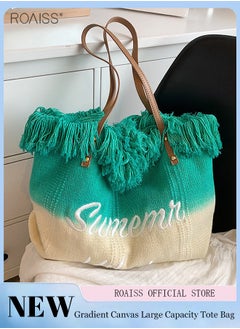 roaiss Women's Gradient Canvas Tote Bag Tassel Large Capacity Shoulder Bag Fashion Embroidery Versatile Handbag  - Image 1