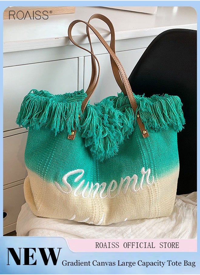 roaiss Women's Gradient Canvas Tote Bag Tassel Large Capacity Shoulder Bag Fashion Embroidery Versatile Handbag  - Image 1