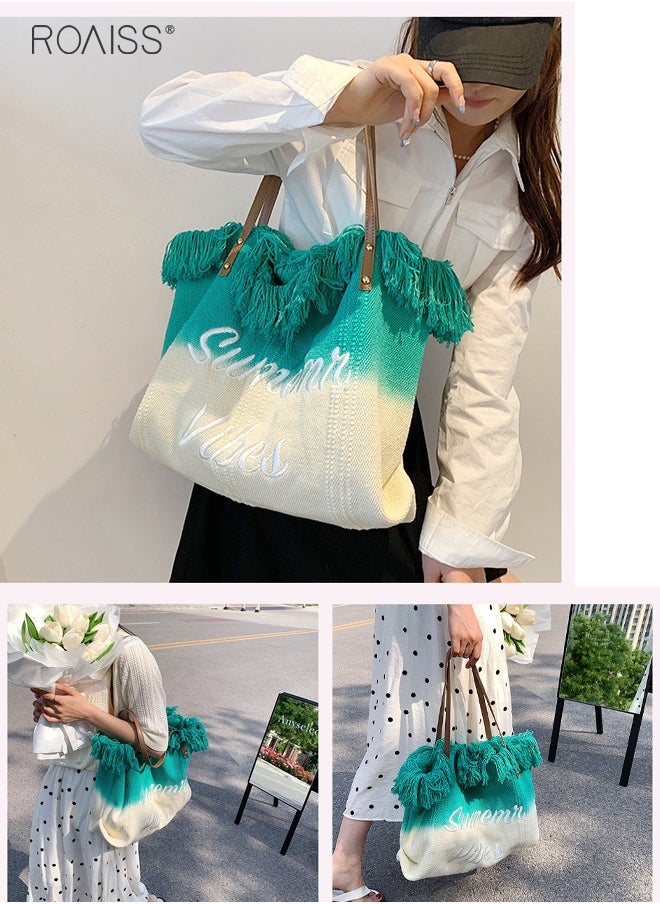 roaiss Women's Gradient Canvas Tote Bag Tassel Large Capacity Shoulder Bag Fashion Embroidery Versatile Handbag  - Image 4