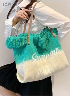 roaiss Women's Gradient Canvas Tote Bag Tassel Large Capacity Shoulder Bag Fashion Embroidery Versatile Handbag  - Image 2