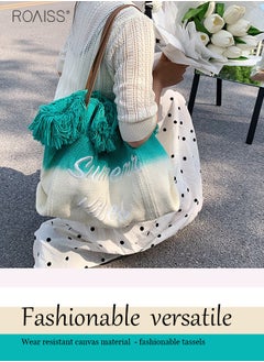 roaiss Women's Gradient Canvas Tote Bag Tassel Large Capacity Shoulder Bag Fashion Embroidery Versatile Handbag  - Image 3