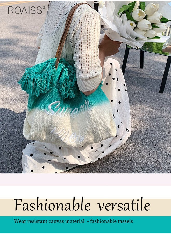 roaiss Women's Gradient Canvas Tote Bag Tassel Large Capacity Shoulder Bag Fashion Embroidery Versatile Handbag  - Image 3