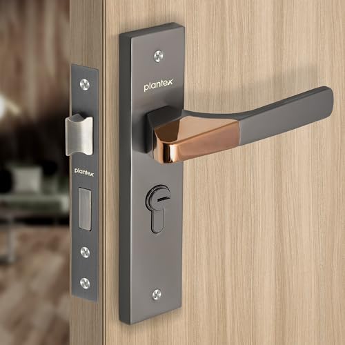 Plantex Heavy-Duty Door Lock Set - Main Door Handle Set/ 6-Lever Lock Mechanism with 3 Years of Warranty by Plantex/Mortise, Brass Lock Body & Cylinder (8114 - Satin Black & PVD Choco) - Image 1