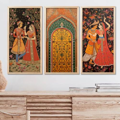 walllane - Traditional Indian Art Wall Décor Paintings | Painting for wall Decoration | Madhubani Art Painting with Frame for Living Room set of 3 (10X19) - Image 1