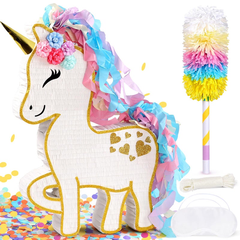 Pardecor 24 Large Rainbow Unicorn Pinata for Birthday Party Large Magical White Unicorn Party Decorations with Gold Horn Paper Mache Pinata for Candy Fillers Pull StringHit Game for Kids Girls Teens - Image 3