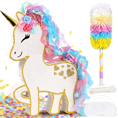 Pardecor 24 Large Rainbow Unicorn Pinata for Birthday Party Large Magical White Unicorn Party Decorations with Gold Horn Paper Mache Pinata for Candy Fillers Pull StringHit Game for Kids Girls Teens - Image 1