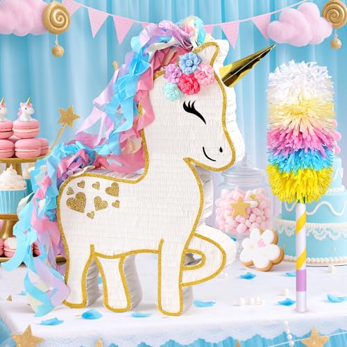 Pardecor 24 Large Rainbow Unicorn Pinata for Birthday Party Large Magical White Unicorn Party Decorations with Gold Horn Paper Mache Pinata for Candy Fillers Pull StringHit Game for Kids Girls Teens - Image 5