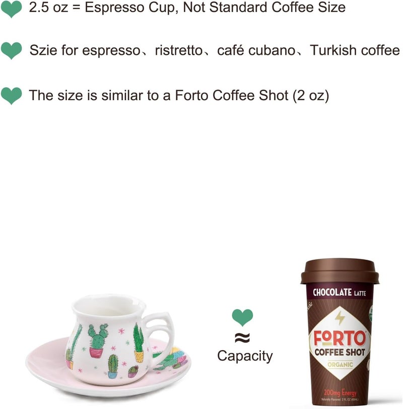 GuangYang 2.5 oz Espresso Cups set of 6, Cute Cactus Pattern (Size for Double Shot Espresso,Ristretto, Macchiato, Café Cubano, and Turkish Coffee) - Image 3