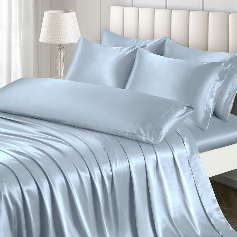 Ersmak 7 Pieces Satin Sheets Set Queen Size Luxury Silky Light Blue Satin Bed Sheets Set with 1 Deep Pocket Fitted Sheet 1 Soft Flat Sheet 4 Queen Pillowcases and 1 Body Pillowcase