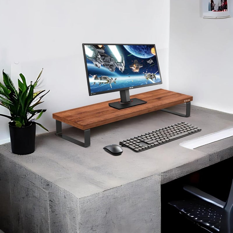 Flux Monitor Stand Wooden | Monitor Stand Riser | PC Stand For Desktop Table | Non Slip, Material: Particle Board & Metal size- (59.5cm x 20cm x 12cm) Brown - Image 2