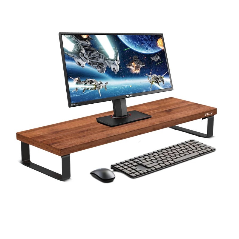 Flux Monitor Stand Wooden | Monitor Stand Riser | PC Stand For Desktop Table | Non Slip, Material: Particle Board & Metal size- (59.5cm x 20cm x 12cm) Brown - Image 1