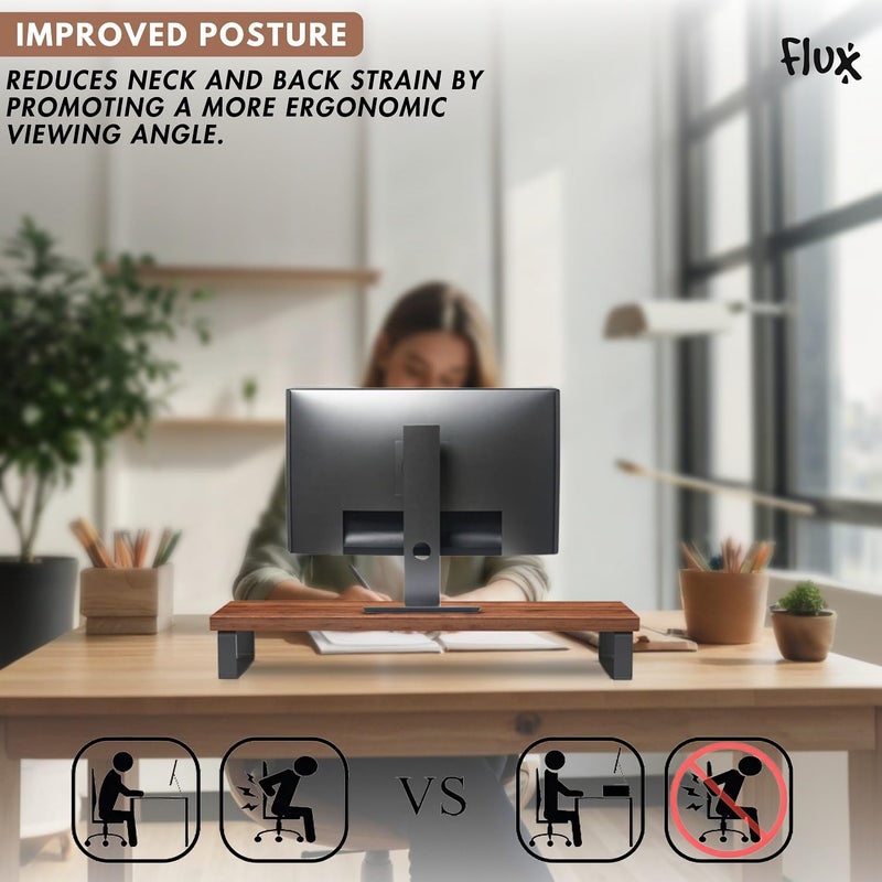 Flux Monitor Stand Wooden | Monitor Stand Riser | PC Stand For Desktop Table | Non Slip, Material: Particle Board & Metal size- (59.5cm x 20cm x 12cm) Brown - Image 3