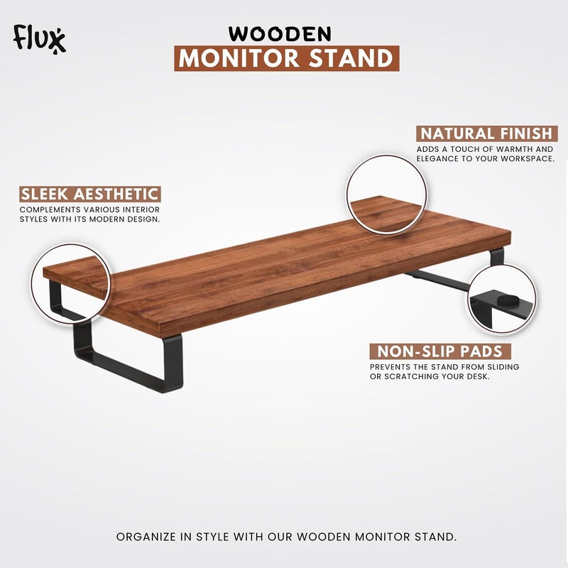 Flux Monitor Stand Wooden | Monitor Stand Riser | PC Stand For Desktop Table | Non Slip, Material: Particle Board & Metal size- (59.5cm x 20cm x 12cm) Brown - Image 4