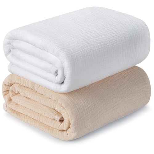 GUNTAIL Muslin Swaddle Blankets for Newborn 2 Pack Breathable Soft Receiving Blanket Large 41 x 41 inches Swaddle Wrap Burping Clothes Essentials Infant Shower Items Beige White - Image 1
