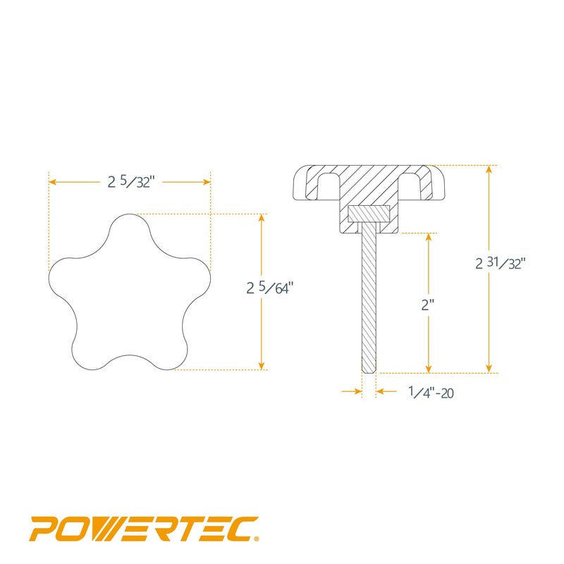 POWERTEC 5 Pack 1/4"-20 5 Star Knobs with 2" Threaded Stud, Thumb Screw Knobs with bolts for Lawn Mower, Umbrella Base, Woodworking Tools & Jigs, Clamps (QNB3010) - Image 3