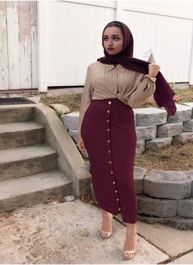 Loquat Breasted Solid Color Skirt Wine Red  - Image 1