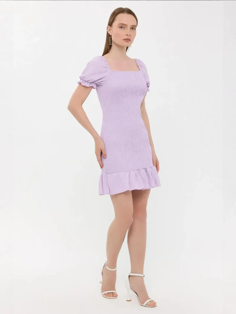 HICCUP Purple Ribbed Ruffled Square Neck Mini Dress with Balloon Sleeves for Women | Best Price UAE