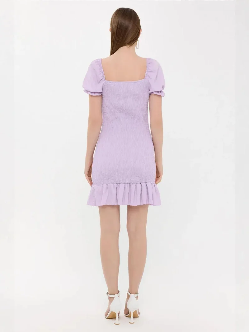 HICCUP Purple Ribbed Ruffled Square Neck Mini Dress with Balloon Sleeves for Women | Best Price UAE