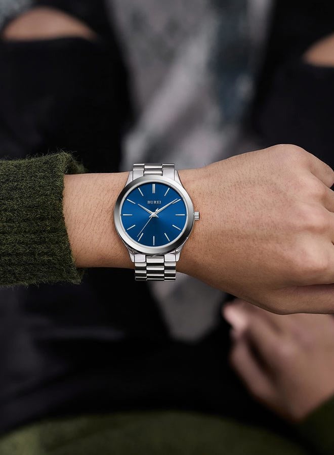 BUREI Men Watches Fashion Analog Stainless Steel Quartz Waterproof Watches for Men, Blue Silver, Japanese - Image 4
