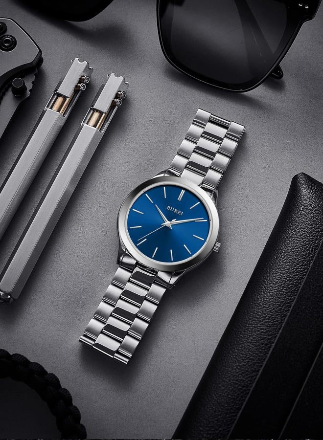 BUREI Men Watches Fashion Analog Stainless Steel Quartz Waterproof Watches for Men, Blue Silver, Japanese - Image 3