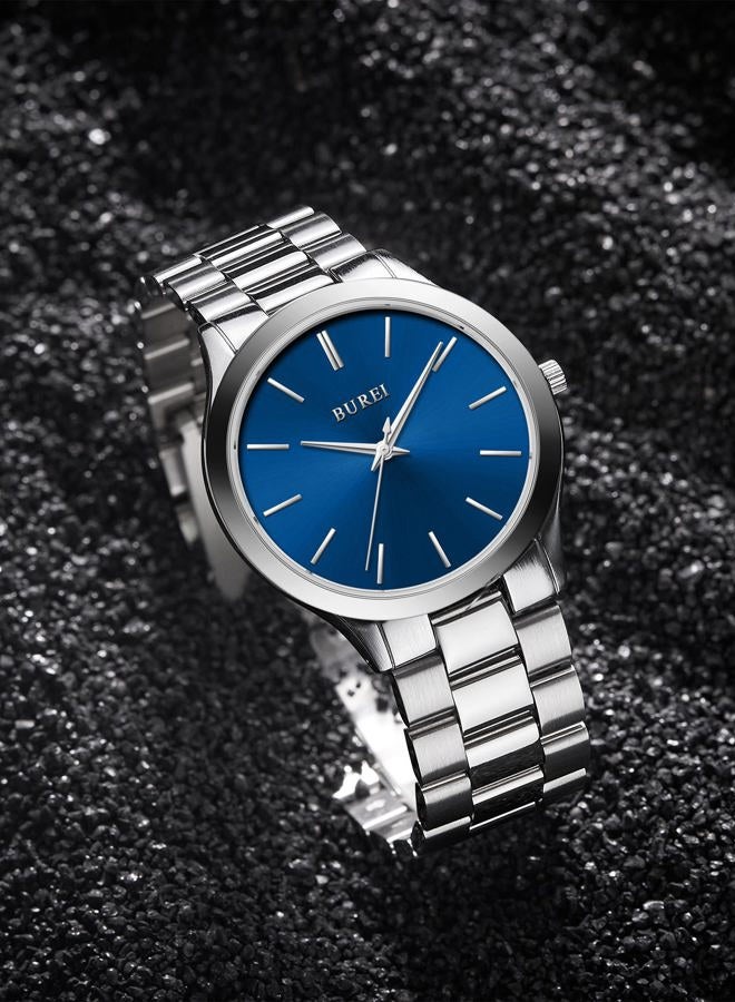 BUREI Men Watches Fashion Analog Stainless Steel Quartz Waterproof Watches for Men, Blue Silver, Japanese - Image 2
