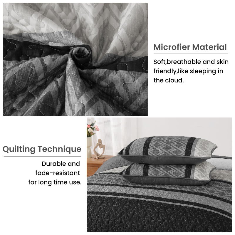 Dinjoy King Size Quilt Set Boho, Soft 3 Pieces Striped Fall Bedspreads Dark Grey Quilts Bedding Sets Boho Lightweight Quilted Coverlets Set Black for Men Bed 110"x90" - Image 5