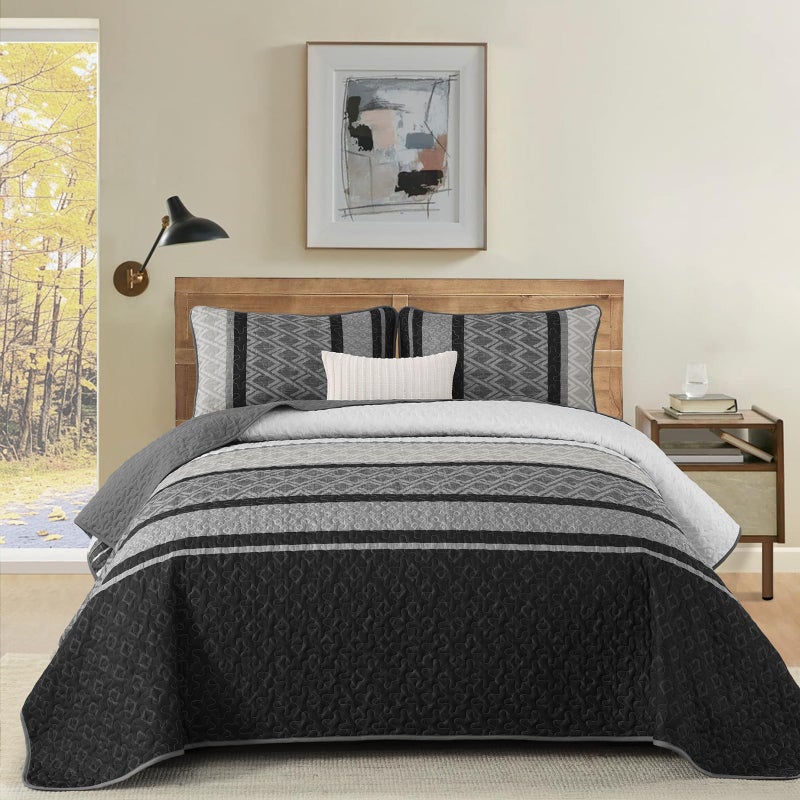 Dinjoy King Size Quilt Set Boho, Soft 3 Pieces Striped Fall Bedspreads Dark Grey Quilts Bedding Sets Boho Lightweight Quilted Coverlets Set Black for Men Bed 110"x90" - Image 2