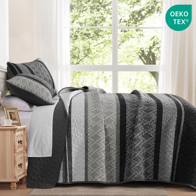 Dinjoy King Size Quilt Set Boho, Soft 3 Pieces Striped Fall Bedspreads Dark Grey Quilts Bedding Sets Boho Lightweight Quilted Coverlets Set Black for Men Bed 110"x90" - Image 3