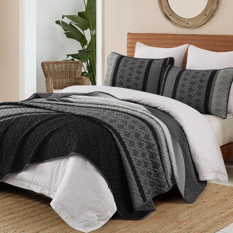 Dinjoy King Size Quilt Set Boho, Soft 3 Pieces Striped Fall Bedspreads Dark Grey Quilts Bedding Sets Boho Lightweight Quilted Coverlets Set Black for Men Bed 110"x90" - Image 4