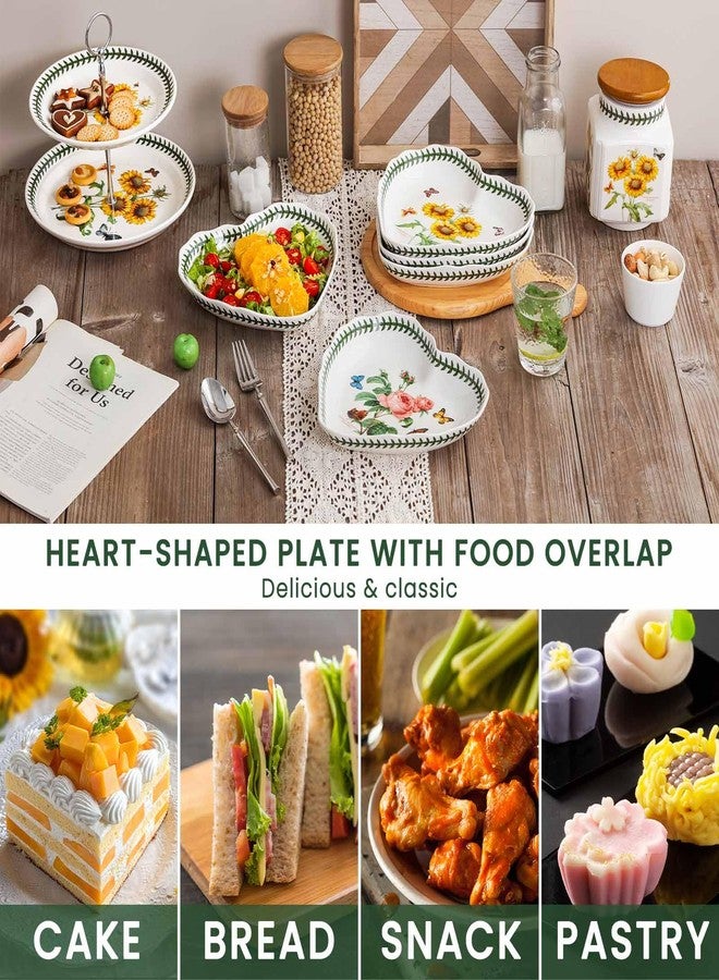 KXZ 22oz Ceramic Plate, Heart-Shaped Dessert Plate, White Appetizer Plate, Salad Place Plate, Restaurant Utensils, Microwave, Oven And Dishwasher Safe, White With Floral Pattern, Set Of 4 - Image 4
