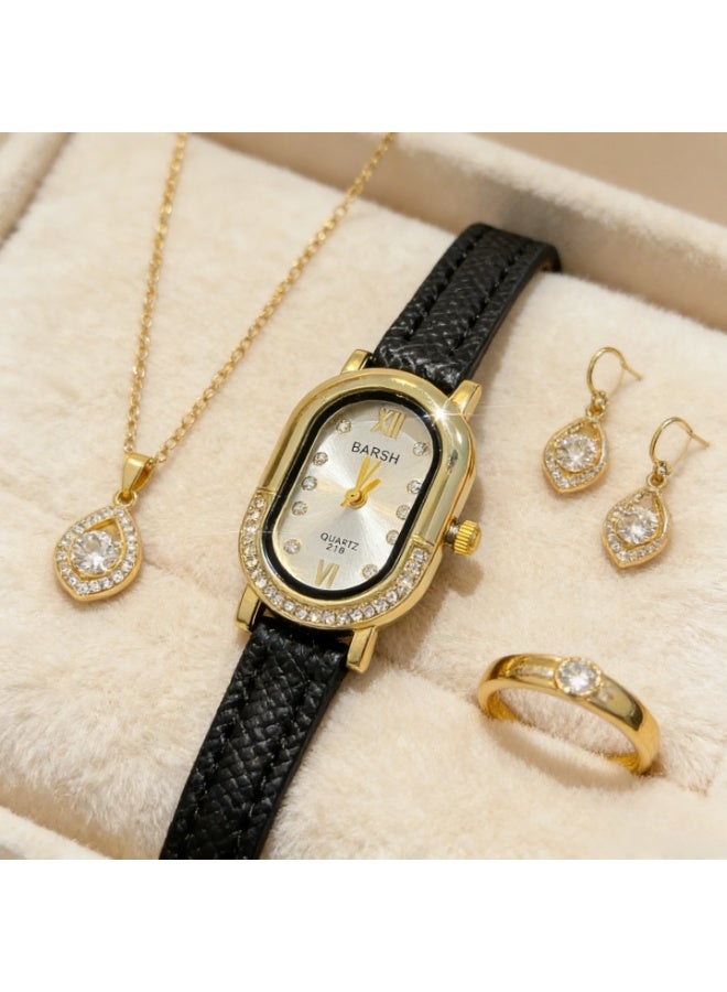 Barsh Women's Elegant Gold-Plated Watch with Diamond-Studded Bezel - Stylish Leather Strap Quartz Wristwatch for Ladies (Fashion Dress Watch) - Image 5