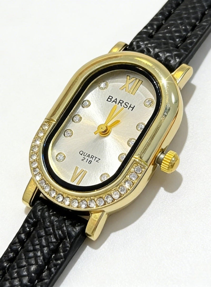 Barsh Women's Elegant Gold-Plated Watch with Diamond-Studded Bezel - Stylish Leather Strap Quartz Wristwatch for Ladies (Fashion Dress Watch) - Image 3