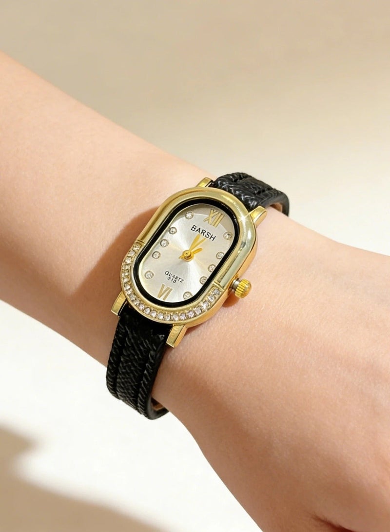 Barsh Women's Elegant Gold-Plated Watch with Diamond-Studded Bezel - Stylish Leather Strap Quartz Wristwatch for Ladies (Fashion Dress Watch) - Image 2