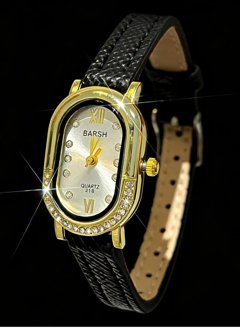Barsh Women's Elegant Gold-Plated Watch with Diamond-Studded Bezel - Stylish Leather Strap Quartz Wristwatch for Ladies (Fashion Dress Watch) - Image 4