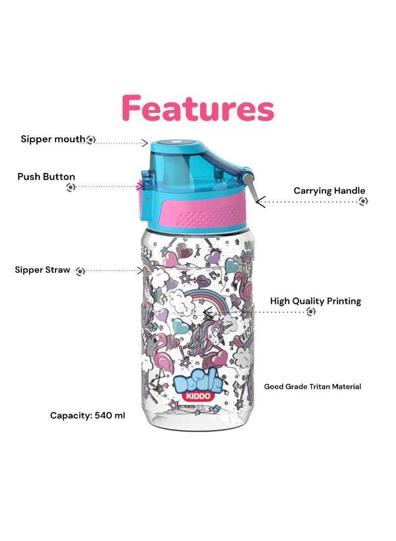Doodle Kiddo Unicorn Water Bottle for Girls, 540 ML - BPA Free, Leakproof, Push Button, Sipper Spout, Carry Handle - Image 2