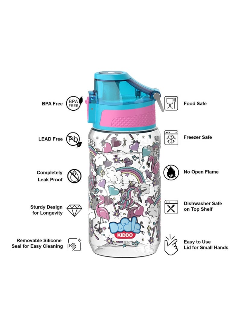 Doodle Kiddo Unicorn Water Bottle for Girls, 540 ML - BPA Free, Leakproof, Push Button, Sipper Spout, Carry Handle - Image 3