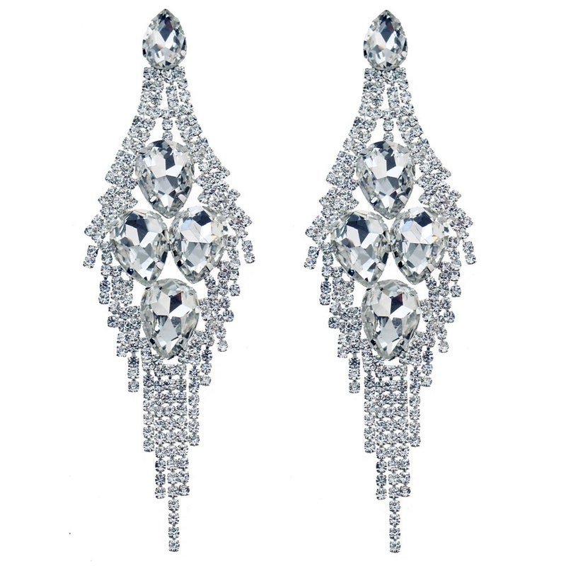CHRAN Silver Teardrop Crystal Long Tassels Dangle Earrings Sparkling Rhinestone Ladies Gifts - Image 1