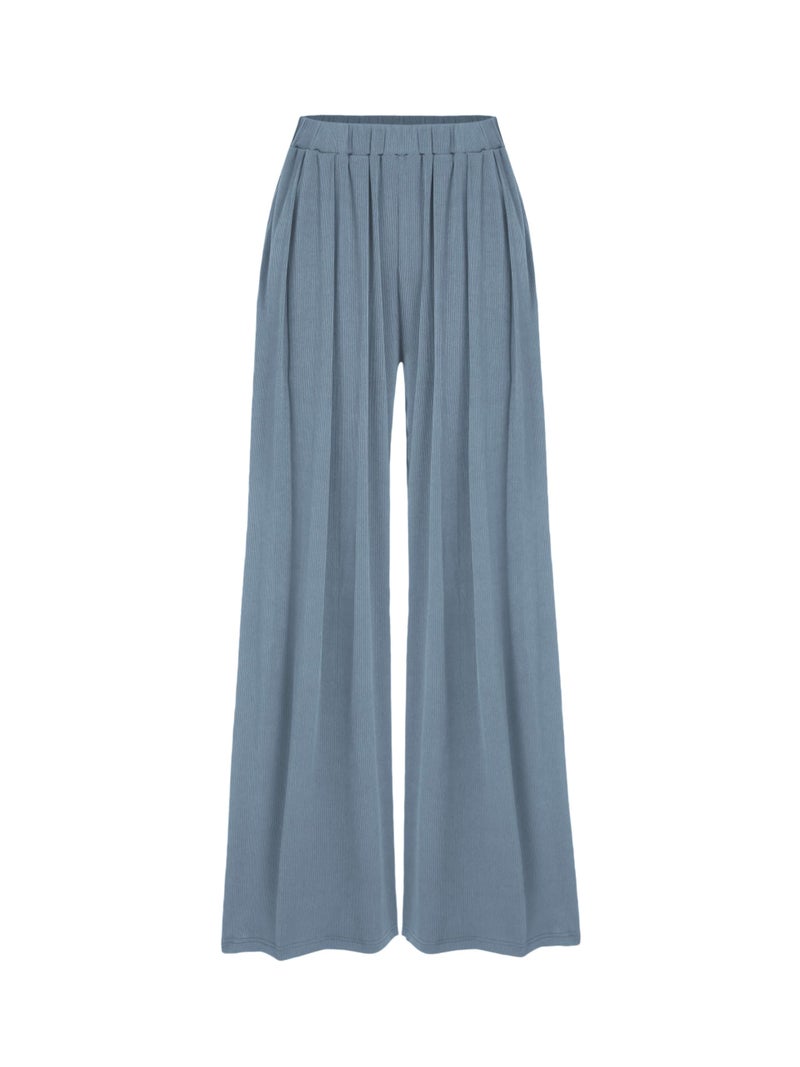 CIDER Palazzo Pants for Women Wide Leg Flowy Pants with Pockets Elastic Mid Waist Summer Beach Vacation Outfits Lightweight Blue - Image 1