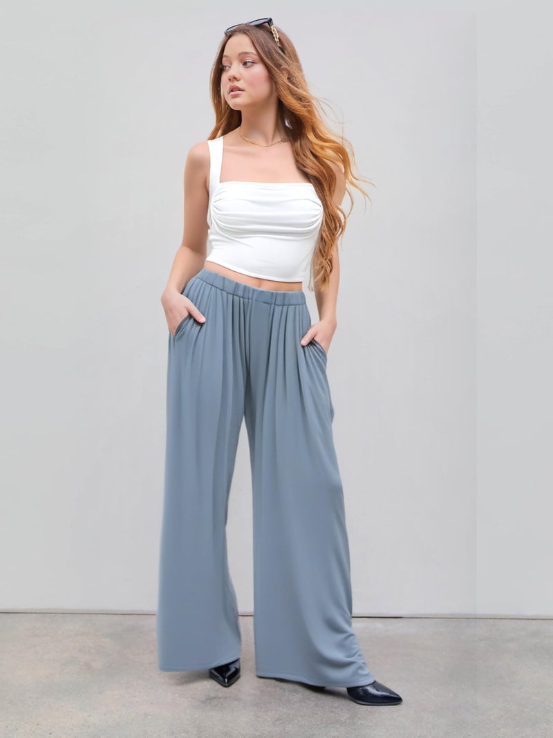 CIDER Palazzo Pants for Women Wide Leg Flowy Pants with Pockets Elastic Mid Waist Summer Beach Vacation Outfits Lightweight Blue - Image 2