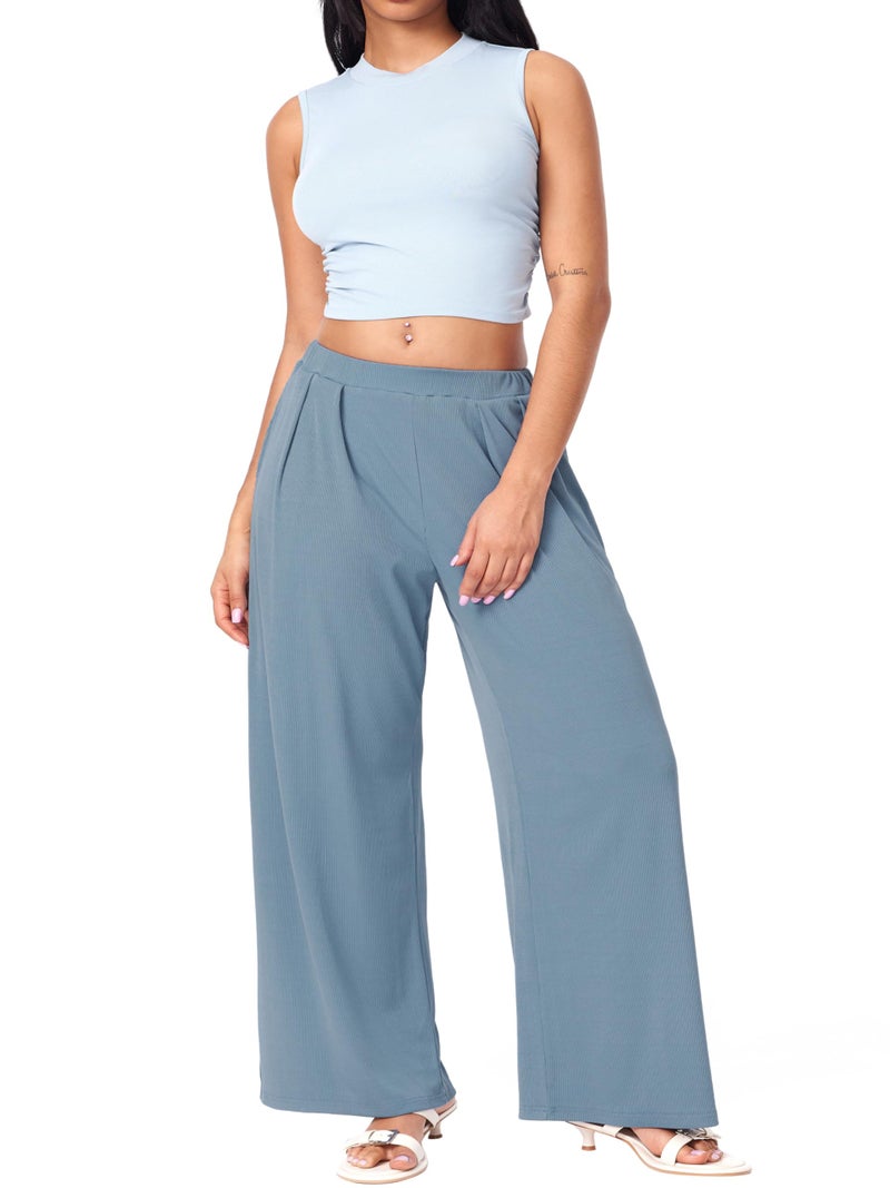 CIDER Palazzo Pants for Women Wide Leg Flowy Pants with Pockets Elastic Mid Waist Summer Beach Vacation Outfits Lightweight Blue - Image 5