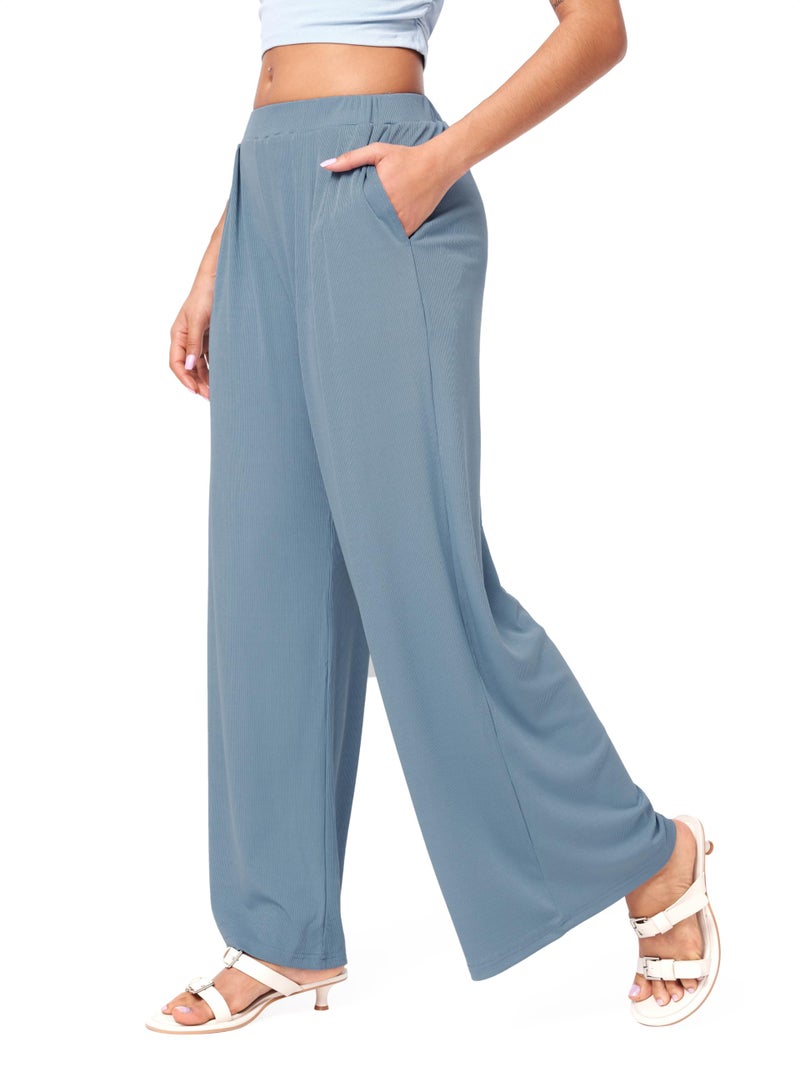 CIDER Palazzo Pants for Women Wide Leg Flowy Pants with Pockets Elastic Mid Waist Summer Beach Vacation Outfits Lightweight Blue - Image 4
