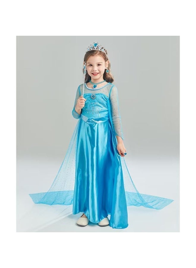 JAYATO 9 PCS Set Frozen Princess Aisha Children's Dress with Crown, magic wand, gloves , necklace, earrings, ring hair accessories set for party and Role-playing size 120cm - Image 2