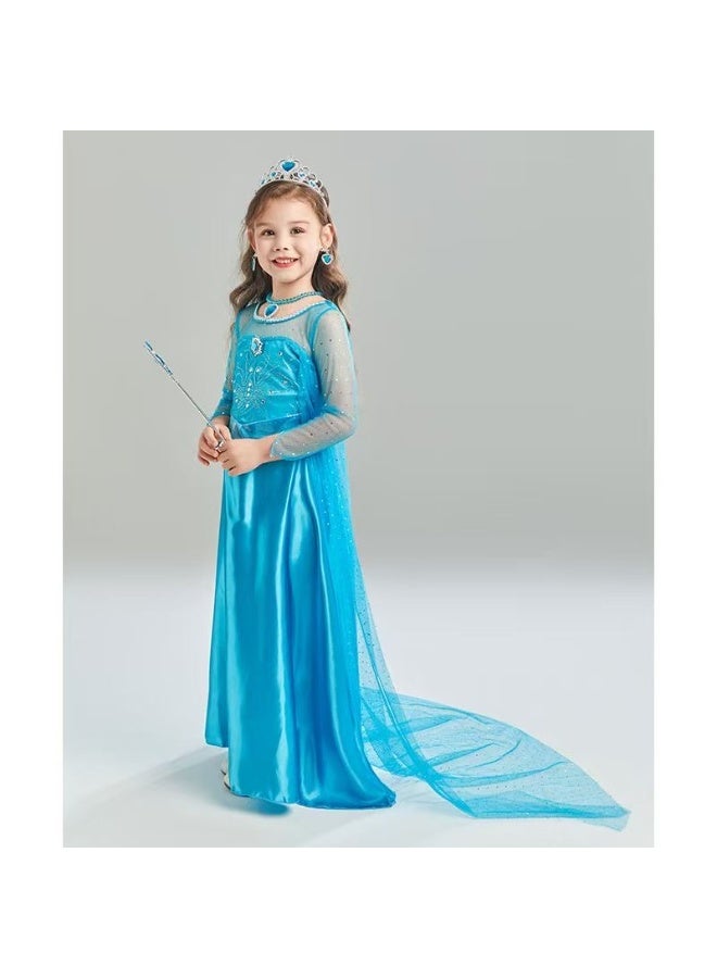 JAYATO 9 PCS Set Frozen Princess Aisha Children's Dress with Crown, magic wand, gloves , necklace, earrings, ring hair accessories set for party and Role-playing size 120cm - Image 3