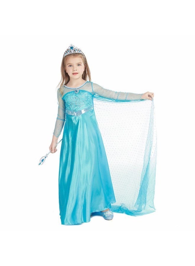 JAYATO 9 PCS Set Frozen Princess Aisha Children's Dress with Crown, magic wand, gloves , necklace, earrings, ring hair accessories set for party and Role-playing size 120cm - Image 4